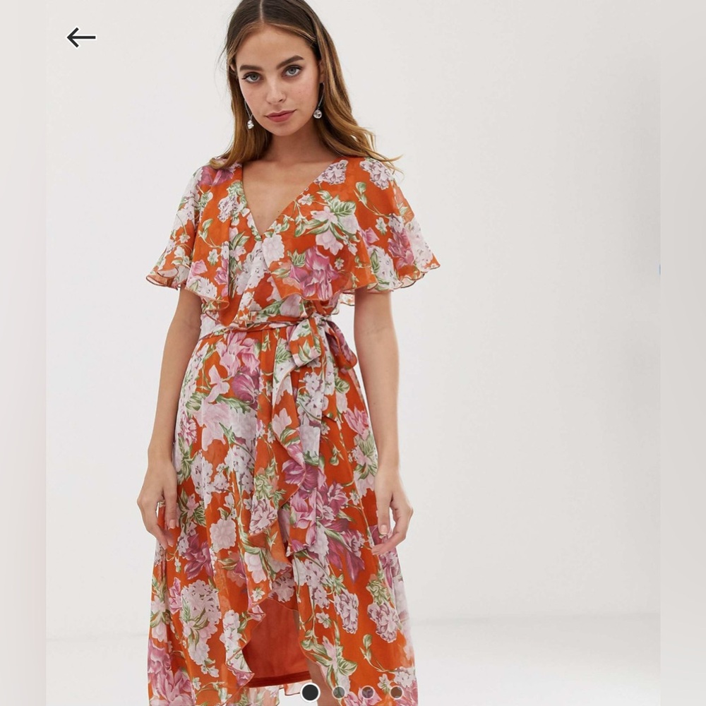ASOS Petite Floral Wrap Midi Dress in Orange and Pink